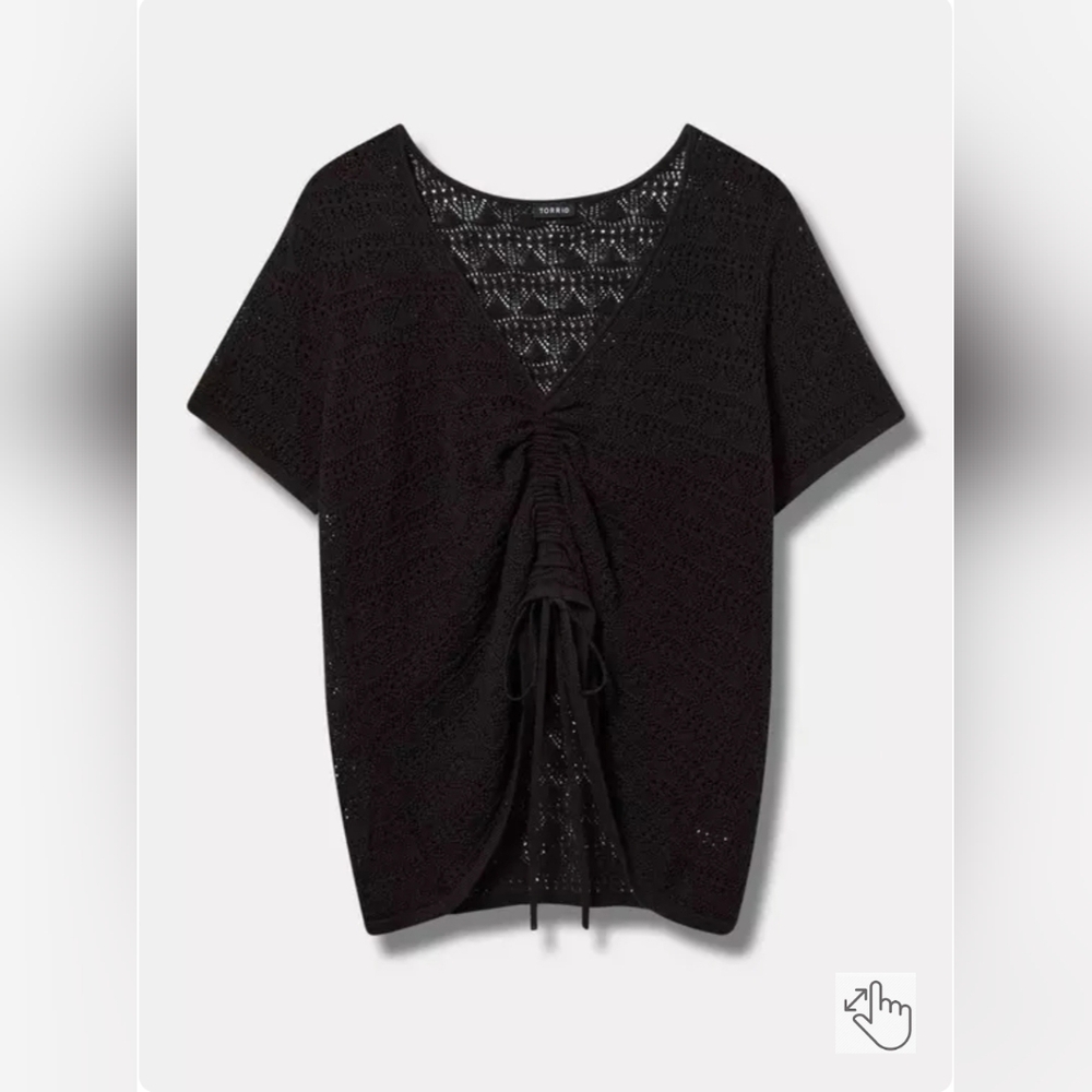 Torrid Pointelle Pullover Short Sleeve V-Neck Front Tie Sweater